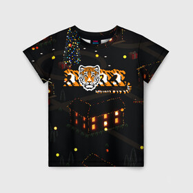 Детская футболка 3D с принтом Ночной новогодний город 2022 год тигра в Новосибирске, 100% гипоаллергенный полиэфир | прямой крой, круглый вырез горловины, длина до линии бедер, чуть спущенное плечо, ткань немного тянется | Тематика изображения на принте: 2022 | год тигра | новый год | новый год 2022 | символ года | тигр | тигренок | тигрица | тигры