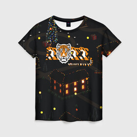 Женская футболка 3D с принтом Ночной новогодний город 2022 год тигра в Новосибирске, 100% полиэфир ( синтетическое хлопкоподобное полотно) | прямой крой, круглый вырез горловины, длина до линии бедер | 2022 | год тигра | новый год | новый год 2022 | символ года | тигр | тигренок | тигрица | тигры