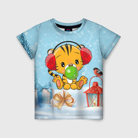 Детская футболка 3D с принтом Тигренок жует жвачку в Новосибирске, 100% гипоаллергенный полиэфир | прямой крой, круглый вырез горловины, длина до линии бедер, чуть спущенное плечо, ткань немного тянется | 2022 | год тигра | новый год | новый год 2022 | символ года | тигр | тигренок | тигрица | тигры