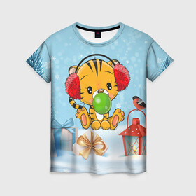 Женская футболка 3D с принтом Тигренок жует жвачку в Новосибирске, 100% полиэфир ( синтетическое хлопкоподобное полотно) | прямой крой, круглый вырез горловины, длина до линии бедер | 2022 | год тигра | новый год | новый год 2022 | символ года | тигр | тигренок | тигрица | тигры