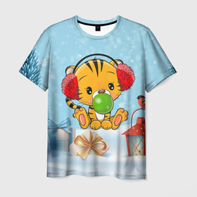 Мужская футболка 3D с принтом Тигренок жует жвачку в Новосибирске, 100% полиэфир | прямой крой, круглый вырез горловины, длина до линии бедер | Тематика изображения на принте: 2022 | год тигра | новый год | новый год 2022 | символ года | тигр | тигренок | тигрица | тигры