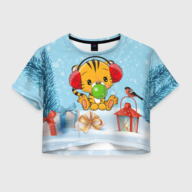 Женская футболка Crop-top 3D с принтом Тигренок жует жвачку в Новосибирске, 100% полиэстер | круглая горловина, длина футболки до линии талии, рукава с отворотами | 2022 | год тигра | новый год | новый год 2022 | символ года | тигр | тигренок | тигрица | тигры
