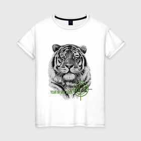 Женская футболка хлопок с принтом Год белого тигра 2022 в Новосибирске, 100% хлопок | прямой крой, круглый вырез горловины, длина до линии бедер, слегка спущенное плечо | 2022 | tiger | year of the tiger | белый тигр | год 2022 | год под прицелом | год тигра | новогодний тигр | новый год | тигр
