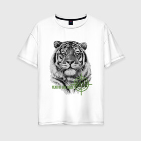 Женская футболка хлопок Oversize с принтом Год белого тигра 2022 в Новосибирске, 100% хлопок | свободный крой, круглый ворот, спущенный рукав, длина до линии бедер
 | 2022 | tiger | year of the tiger | белый тигр | год 2022 | год под прицелом | год тигра | новогодний тигр | новый год | тигр