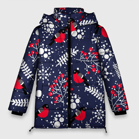 Женская зимняя куртка Oversize с принтом Снегири и рябина в Новосибирске, верх — 100% полиэстер; подкладка — 100% полиэстер; утеплитель — 100% полиэстер | длина ниже бедра, силуэт Оверсайз. Есть воротник-стойка, отстегивающийся капюшон и ветрозащитная планка. 

Боковые карманы с листочкой на кнопках и внутренний карман на молнии | Тематика изображения на принте: birds | bullfinches | christmas | mountain ash | new year | snow | snowflakes | winter | зима | новый год | птицы | рождество | рябина | снег | снегири | снежинки