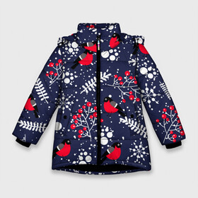 Зимняя куртка для девочек 3D с принтом Снегири и рябина в Новосибирске, ткань верха — 100% полиэстер; подклад — 100% полиэстер, утеплитель — 100% полиэстер. | длина ниже бедра, удлиненная спинка, воротник стойка и отстегивающийся капюшон. Есть боковые карманы с листочкой на кнопках, утяжки по низу изделия и внутренний карман на молнии. 

Предусмотрены светоотражающий принт на спинке, радужный светоотражающий элемент на пуллере молнии и на резинке для утяжки. | Тематика изображения на принте: birds | bullfinches | christmas | mountain ash | new year | snow | snowflakes | winter | зима | новый год | птицы | рождество | рябина | снег | снегири | снежинки