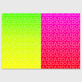 Поздравительная открытка с принтом Игра в кальмара (розовый+желтый) в Новосибирске, 100% бумага | плотность бумаги 280 г/м2, матовая, на обратной стороне линовка и место для марки
 | frankenstein dress | гра в кальмара | желтый | зеленый | игра | кальмар | квадрат | квадратик | красный | круг | кружок | половинчатый | розовый | треугольник | треугольничек