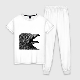 Женская пижама хлопок с принтом Крик чёрного ворона в Новосибирске, 100% хлопок | брюки и футболка прямого кроя, без карманов, на брюках мягкая резинка на поясе и по низу штанин | ворон | ворона | депрессия | злая птичка | зло | птица | рисунок