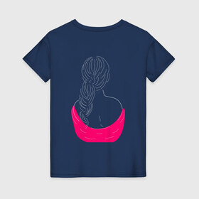 Женская футболка хлопок с принтом Девушка спиной в Новосибирске, 100% хлопок | прямой крой, круглый вырез горловины, длина до линии бедер, слегка спущенное плечо | девочка | девушка | длинные волосы | женщина | косы | леди | прическа | романтика