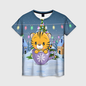 Женская футболка 3D с принтом Тигренок 2022 в кружке в Новосибирске, 100% полиэфир ( синтетическое хлопкоподобное полотно) | прямой крой, круглый вырез горловины, длина до линии бедер | 2022 | год тигра | новый год | новый год 2022 | символ года | тигр | тигренок | тигрица | тигры