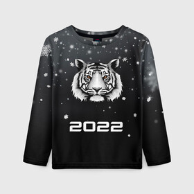 Детский лонгслив 3D с принтом Новогодний тигр символ 2022. в Новосибирске, 100% полиэстер | длинные рукава, круглый вырез горловины, полуприлегающий силуэт
 | 2022 | merry christmas | год тигра | зима близко | нг | новогодний | новогодний тигр | новогодняя символика | новый год | новый год 2022 | рождество | символ 2022 года | снег | снежинки | тигр