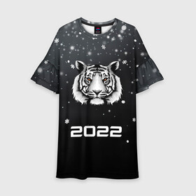 Детское платье 3D с принтом Новогодний тигр символ 2022. в Новосибирске, 100% полиэстер | прямой силуэт, чуть расширенный к низу. Круглая горловина, на рукавах — воланы | Тематика изображения на принте: 2022 | merry christmas | год тигра | зима близко | нг | новогодний | новогодний тигр | новогодняя символика | новый год | новый год 2022 | рождество | символ 2022 года | снег | снежинки | тигр