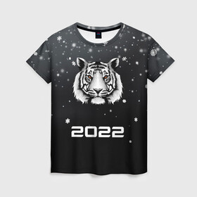 Женская футболка 3D с принтом Новогодний тигр символ 2022. в Новосибирске, 100% полиэфир ( синтетическое хлопкоподобное полотно) | прямой крой, круглый вырез горловины, длина до линии бедер | 2022 | merry christmas | год тигра | зима близко | нг | новогодний | новогодний тигр | новогодняя символика | новый год | новый год 2022 | рождество | символ 2022 года | снег | снежинки | тигр