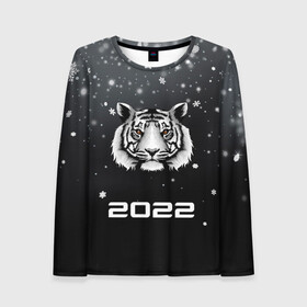 Женский лонгслив 3D с принтом Новогодний тигр символ 2022. в Новосибирске, 100% полиэстер | длинные рукава, круглый вырез горловины, полуприлегающий силуэт | 2022 | merry christmas | год тигра | зима близко | нг | новогодний | новогодний тигр | новогодняя символика | новый год | новый год 2022 | рождество | символ 2022 года | снег | снежинки | тигр