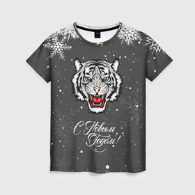 Женская футболка 3D с принтом Зима близко символ 2022 года. в Новосибирске, 100% полиэфир ( синтетическое хлопкоподобное полотно) | прямой крой, круглый вырез горловины, длина до линии бедер | 2022 | merry christmas | год тигра | зима близко | нг | новогодний | новогодний тигр | новогодняя символика | новый год | новый год 2022 | рождество | символ 2022 года | снег | снежинки | тигр