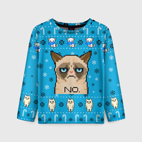 Детский лонгслив 3D с принтом Grumpy КОТ МЕМ НОВОГОДНИЙ в Новосибирске, 100% полиэстер | длинные рукава, круглый вырез горловины, полуприлегающий силуэт
 | 2021 | 2022 | cat | christmas | mem | merry | merry christmas | new year | snow | sweater | ugly christmas | winter | зима | кис | киска | кот | котейка | котик | коты | котяра | кошка | кошки | мем | мемы | новогодний | новогодняя | новый 