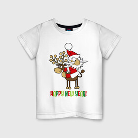Детская футболка хлопок с принтом Happy New Year Санта на олене в Новосибирске, 100% хлопок | круглый вырез горловины, полуприлегающий силуэт, длина до линии бедер | Тематика изображения на принте: christmas | happy new year | holiday | new year | on a reindeer | santa claus | sitting | на олене | новый год | праздник | рождество | санта клаус | сидит | счастливого нового года