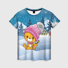 Женская футболка 3D с принтом Новый год 2022 Тигренок в шапочке в Новосибирске, 100% полиэфир ( синтетическое хлопкоподобное полотно) | прямой крой, круглый вырез горловины, длина до линии бедер | 2022 | год тигра | новый год | новый год 2022 | символ года | тигр | тигренок | тигрица | тигры