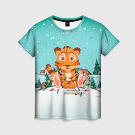 Женская футболка 3D с принтом Тигренок запутался в гирляндах в Новосибирске, 100% полиэфир ( синтетическое хлопкоподобное полотно) | прямой крой, круглый вырез горловины, длина до линии бедер | 2022 | год тигра | новый год | новый год 2022 | символ года | тигр | тигренок | тигрица | тигры