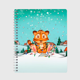 Тетрадь с принтом Тигренок запутался в гирляндах в Новосибирске, 100% бумага | 48 листов, плотность листов — 60 г/м2, плотность картонной обложки — 250 г/м2. Листы скреплены сбоку удобной пружинной спиралью. Уголки страниц и обложки скругленные. Цвет линий — светло-серый
 | 2022 | год тигра | новый год | новый год 2022 | символ года | тигр | тигренок | тигрица | тигры