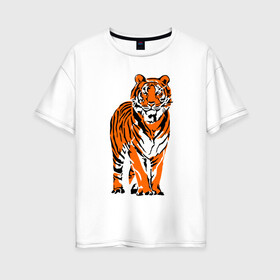 Женская футболка хлопок Oversize с принтом Тигр в джунглях в Новосибирске, 100% хлопок | свободный крой, круглый ворот, спущенный рукав, длина до линии бедер
 | 2022 | big cat | happy new year | jungle | palms | predator | tiger | year of the tiger | большая кошка | год тигра | джунгли | пальмы | с новым годом | тигр | хищник