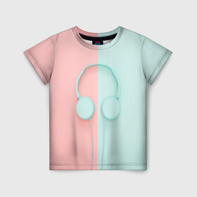Детская футболка 3D с принтом Музыкальное настроение в Новосибирске, 100% гипоаллергенный полиэфир | прямой крой, круглый вырез горловины, длина до линии бедер, чуть спущенное плечо, ткань немного тянется | гарнитура | голубое | музыка | музыкальное настроение | наушники | половины | розовое