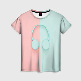 Женская футболка 3D с принтом Музыкальное настроение в Новосибирске, 100% полиэфир ( синтетическое хлопкоподобное полотно) | прямой крой, круглый вырез горловины, длина до линии бедер | гарнитура | голубое | музыка | музыкальное настроение | наушники | половины | розовое