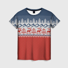 Женская футболка 3D с принтом ВЯЗАНЫЙ УЗОР С ОЛЕНЯМИ в Новосибирске, 100% полиэфир ( синтетическое хлопкоподобное полотно) | прямой крой, круглый вырез горловины, длина до линии бедер | background | christmas | deer | herringbone | holiday | knitted pattern | new year | pattern | snow | snowflakes | texture | tree | вязаный узор | елка | елочка | новый год | олени | паттерн | праздник | рождество | снег | снежинки | текстура | узор | фон