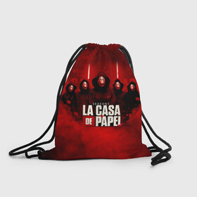 Рюкзак-мешок 3D с принтом БУМАЖНЫЙ ДОМ - LA CASA DE PAPEL - BELLA CIAO в Новосибирске, 100% полиэстер | плотность ткани — 200 г/м2, размер — 35 х 45 см; лямки — толстые шнурки, застежка на шнуровке, без карманов и подкладки | bella ciao | la casa de papel | бумажный дом | ла каса де | ла каса де папель | ла каса де пепел | лакаса | сериал | фильм