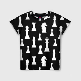 Детская футболка 3D с принтом Белые шахматные фигуры в Новосибирске, 100% гипоаллергенный полиэфир | прямой крой, круглый вырез горловины, длина до линии бедер, чуть спущенное плечо, ткань немного тянется | Тематика изображения на принте: checkmate | chess | chess board | chess game | chess pieces | chess player | chessboard | gambit | game | king | pawn | queen | гамбит | игра | король | мат | партия | ферзь | фигуры | шахматист | шахматы
