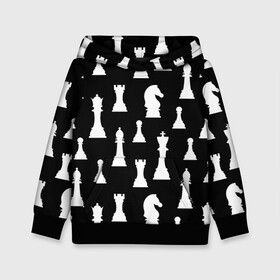 Детская толстовка 3D с принтом Белые шахматные фигуры в Новосибирске, 100% полиэстер | двухслойный капюшон со шнурком для регулировки, мягкие манжеты на рукавах и по низу толстовки, спереди карман-кенгуру с мягким внутренним слоем | Тематика изображения на принте: checkmate | chess | chess board | chess game | chess pieces | chess player | chessboard | gambit | game | king | pawn | queen | гамбит | игра | король | мат | партия | ферзь | фигуры | шахматист | шахматы