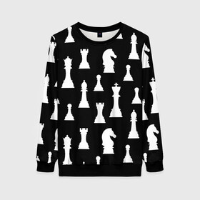 Женский свитшот 3D с принтом Белые шахматные фигуры в Новосибирске, 100% полиэстер с мягким внутренним слоем | круглый вырез горловины, мягкая резинка на манжетах и поясе, свободная посадка по фигуре | checkmate | chess | chess board | chess game | chess pieces | chess player | chessboard | gambit | game | king | pawn | queen | гамбит | игра | король | мат | партия | ферзь | фигуры | шахматист | шахматы