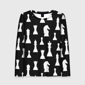 Женский лонгслив 3D с принтом Белые шахматные фигуры в Новосибирске, 100% полиэстер | длинные рукава, круглый вырез горловины, полуприлегающий силуэт | checkmate | chess | chess board | chess game | chess pieces | chess player | chessboard | gambit | game | king | pawn | queen | гамбит | игра | король | мат | партия | ферзь | фигуры | шахматист | шахматы