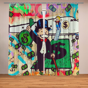 Фотошторы с принтом Alec Monopoly ART в Новосибирске, Блэкаут (светозащита 90%) / Габардин (светозащита 40% | 2 полотна шириной по 145 см; Высота 200-300 см; Крепление: шторная лента (на крючки); | алек монополи арт | баксы | бернарде мейдоффе | граффити | доллары | личный самолет | мужчина с усами | уличное искусство | художник алек