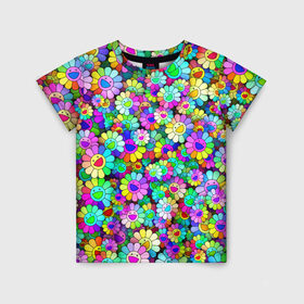 Детская футболка 3D с принтом Rainbow flowers в Новосибирске, 100% гипоаллергенный полиэфир | прямой крой, круглый вырез горловины, длина до линии бедер, чуть спущенное плечо, ткань немного тянется | takashi murakami | паттерн | радуга | смайл | такаси мураками | улыбка | цветы