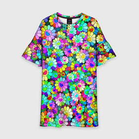 Детское платье 3D с принтом Rainbow flowers в Новосибирске, 100% полиэстер | прямой силуэт, чуть расширенный к низу. Круглая горловина, на рукавах — воланы | Тематика изображения на принте: takashi murakami | паттерн | радуга | смайл | такаси мураками | улыбка | цветы