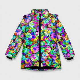 Зимняя куртка для девочек 3D с принтом Rainbow flowers в Новосибирске, ткань верха — 100% полиэстер; подклад — 100% полиэстер, утеплитель — 100% полиэстер. | длина ниже бедра, удлиненная спинка, воротник стойка и отстегивающийся капюшон. Есть боковые карманы с листочкой на кнопках, утяжки по низу изделия и внутренний карман на молнии. 

Предусмотрены светоотражающий принт на спинке, радужный светоотражающий элемент на пуллере молнии и на резинке для утяжки. | takashi murakami | паттерн | радуга | смайл | такаси мураками | улыбка | цветы