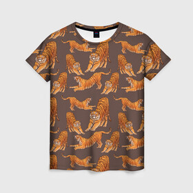 Женская футболка 3D с принтом Тигровые потягушки кофе паттерн в Новосибирске, 100% полиэфир ( синтетическое хлопкоподобное полотно) | прямой крой, круглый вырез горловины, длина до линии бедер | 2022 | big cats | cat | tiger | год тигра | новый год | тигр | тигровый год | тигры