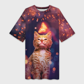 Платье-футболка 3D с принтом РЫЖИЙ КОТ И БАБОЧКА в Новосибирске,  |  | бабочка | бабочка и кот | кот | кот и бабочка | котенок | кошка | лампочка | неон | неоновые лампы | неоновый свет | новогодние огни | новый год | огни | рыжий | рыжий кот | рыжый | светящаяся бабочка