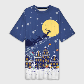 Платье-футболка 3D с принтом Санта Клаус на оленях в небе в Новосибирске,  |  | Тематика изображения на принте: big moon | christmas | city | fly | houses | in the night sky | light in the windows | new year | reindeer | santa claus | большая луна | в ночном небе | город | дома | летят | новый год | олени | рождество | санта клаус