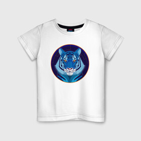 Детская футболка хлопок с принтом Голубой водяной тигр символ 2022 года в Новосибирске, 100% хлопок | круглый вырез горловины, полуприлегающий силуэт, длина до линии бедер | Тематика изображения на принте: 2022 | водяной | год | гороскоп | китайский | символ | талисман | тигр