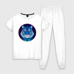 Женская пижама хлопок с принтом Голубой водяной тигр символ 2022 года в Новосибирске, 100% хлопок | брюки и футболка прямого кроя, без карманов, на брюках мягкая резинка на поясе и по низу штанин | 2022 | водяной | год | гороскоп | китайский | символ | талисман | тигр