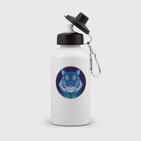 Бутылка спортивная с принтом Голубой водяной тигр символ 2022 года в Новосибирске, металл | емкость — 500 мл, в комплекте две пластиковые крышки и карабин для крепления | 2022 | водяной | год | гороскоп | китайский | символ | талисман | тигр