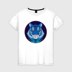 Женская футболка хлопок с принтом Голубой водяной тигр символ 2022 года в Новосибирске, 100% хлопок | прямой крой, круглый вырез горловины, длина до линии бедер, слегка спущенное плечо | Тематика изображения на принте: 2022 | водяной | год | гороскоп | китайский | символ | талисман | тигр