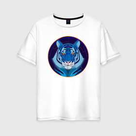 Женская футболка хлопок Oversize с принтом Голубой водяной тигр символ 2022 года в Новосибирске, 100% хлопок | свободный крой, круглый ворот, спущенный рукав, длина до линии бедер
 | Тематика изображения на принте: 2022 | водяной | год | гороскоп | китайский | символ | талисман | тигр