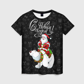 Женская футболка 3D с принтом Санта Клаус на белом медведе в Новосибирске, 100% полиэфир ( синтетическое хлопкоподобное полотно) | прямой крой, круглый вырез горловины, длина до линии бедер | bells | christmas | gifts | jingle bells | new year | polar bear | riding | santa claus | snowflakes | белый медведь | бубенцы | верхом | дед мороз | колокольчики | новый год | подарки | рождество | санта клаус | снежинки