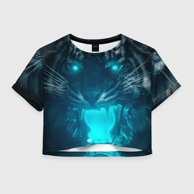 Женская футболка Crop-top 3D с принтом Неоновый водяной тигр 2022 в Новосибирске, 100% полиэстер | круглая горловина, длина футболки до линии талии, рукава с отворотами | 2022 | водяной тигр | неон | новый год | тигр