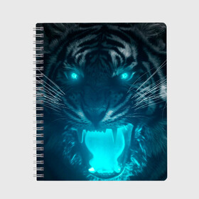 Тетрадь с принтом Неоновый водяной тигр 2022 в Новосибирске, 100% бумага | 48 листов, плотность листов — 60 г/м2, плотность картонной обложки — 250 г/м2. Листы скреплены сбоку удобной пружинной спиралью. Уголки страниц и обложки скругленные. Цвет линий — светло-серый
 | Тематика изображения на принте: 2022 | водяной тигр | неон | новый год | тигр