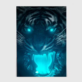 Постер с принтом Неоновый водяной тигр 2022 в Новосибирске, 100% бумага
 | бумага, плотность 150 мг. Матовая, но за счет высокого коэффициента гладкости имеет небольшой блеск и дает на свету блики, но в отличии от глянцевой бумаги не покрыта лаком | 2022 | водяной тигр | неон | новый год | тигр