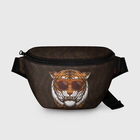 Поясная сумка 3D с принтом Крутой тигр в очках с цепью в Новосибирске, 100% полиэстер | плотная ткань, ремень с регулируемой длиной, внутри несколько карманов для мелочей, основное отделение и карман с обратной стороны сумки застегиваются на молнию | furry | tiger | восточный тигр | год тигра | голова | кошка | тигр | тигренок | фурри | хищник